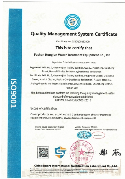 China Foshan Hongjun Water Treatment Equipment Co., Ltd. Certificaciones